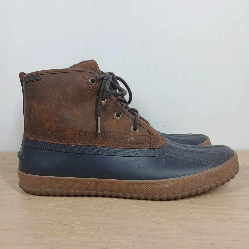 Sperry Duck Boots Mens 9.5 Brown Navy Leather Waterproof Lace Up Winter Boots